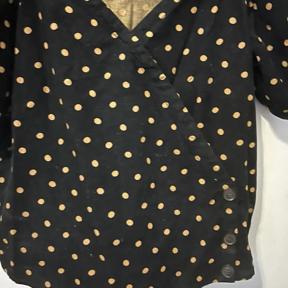 Madewell Top Womens Size XXS Corduroy Puff Sleeve Black Tan Polka Dot Romantic
